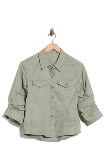 Democracy Cinch Sleeve Denim Jacket In Green