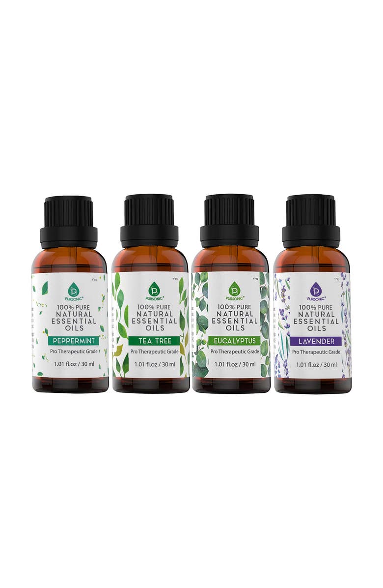 PURSONIC 4-Pack Pure & Natural Essential Oils Collection Eucalyptus, Lavender, Tea Tree, and Peppermint, Alternate, color, Black
