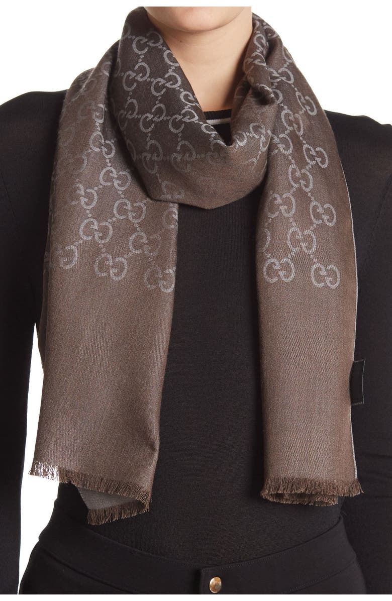 Gucci GG Monogrammed Wool & Silk Blend Scarf, Main, color, Graphite Dark Brown