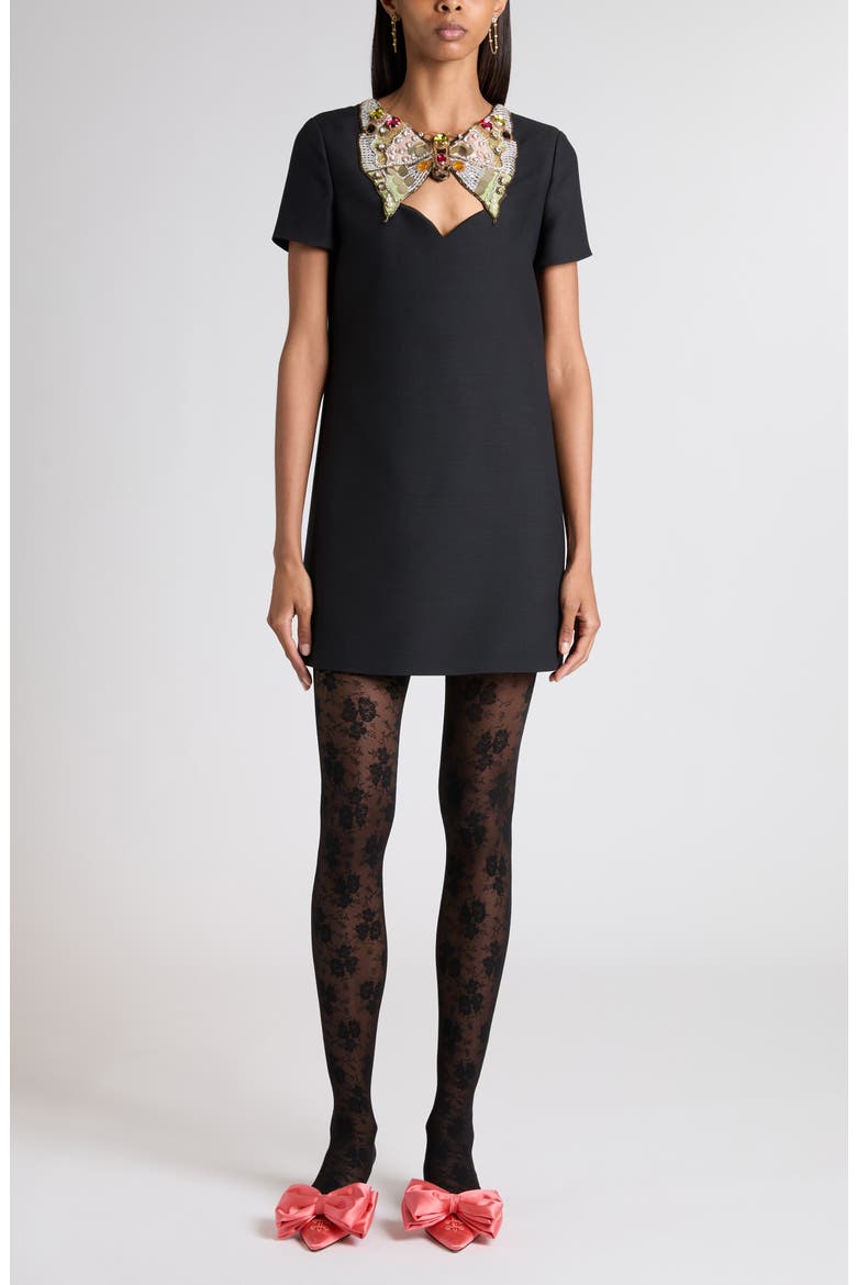 Butterfly Beaded Wool & Silk Minidress, Main, color, BLACK MULTI