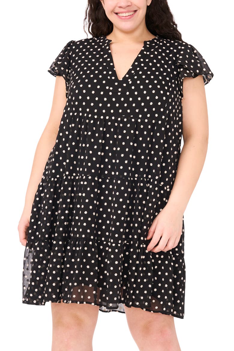 Floral Embroidered Flutter Sleeve Tiered Dress, Alternate, color, RICH BLACK