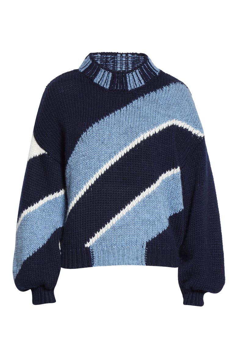 Adonis Balloon Sleeve Diagonal Stripe Sweater, Alternate, color, NAVY