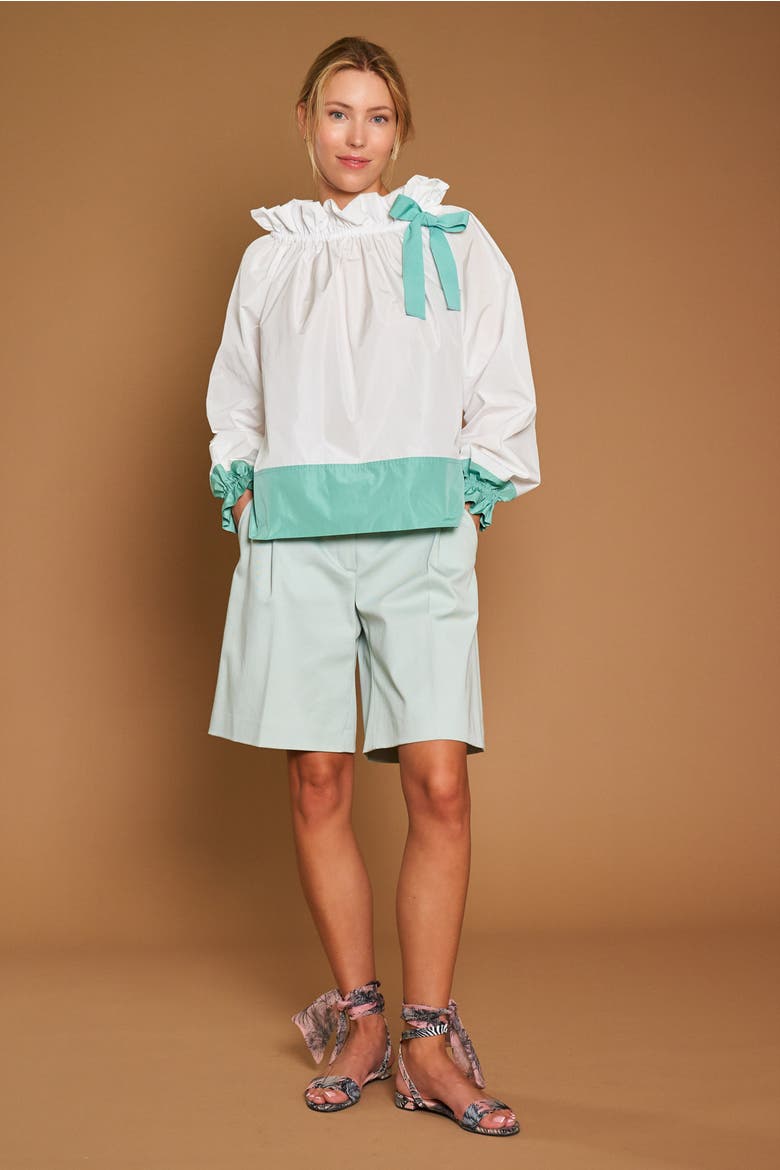 Taffeta Blouse With Bloon Sleeves And Bow, Alternate, color, White / Green