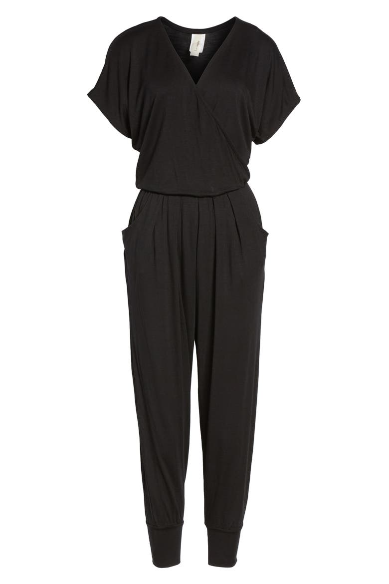 Short Sleeve Wrap Top Jumpsuit, Alternate, color, BLACK