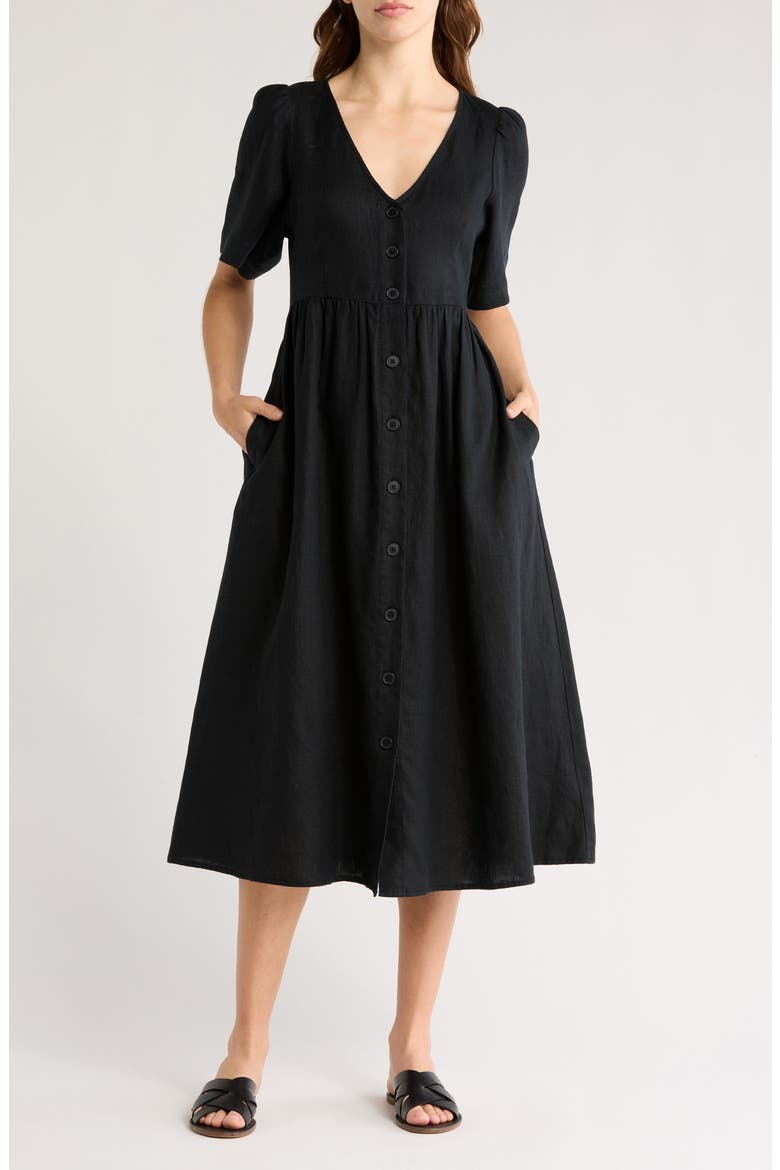 madewell black linen dress Riley Button Front Midi (Women) feature_Feather