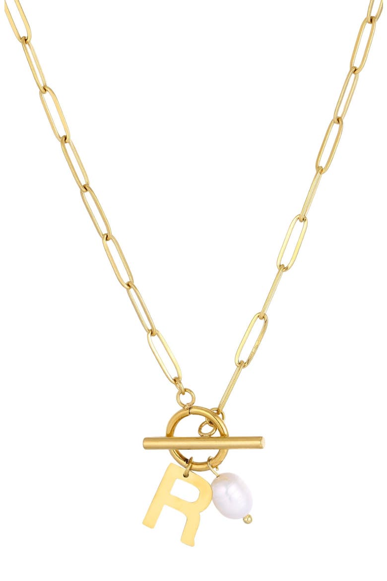 18K Gold Plated Pearl & Initial Toggle Pendant Necklace, Main, color, WHITE/ GOLD-R