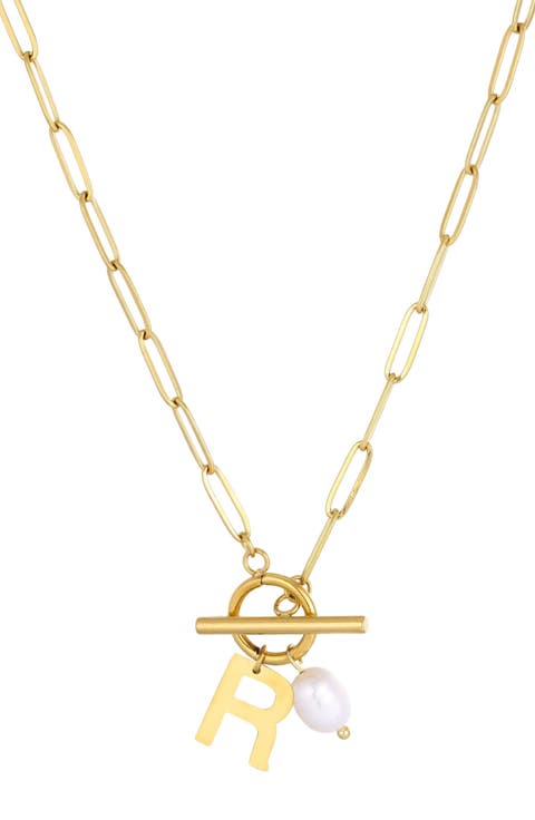 18K Gold Plated Pearl & Initial Toggle Pendant Necklace