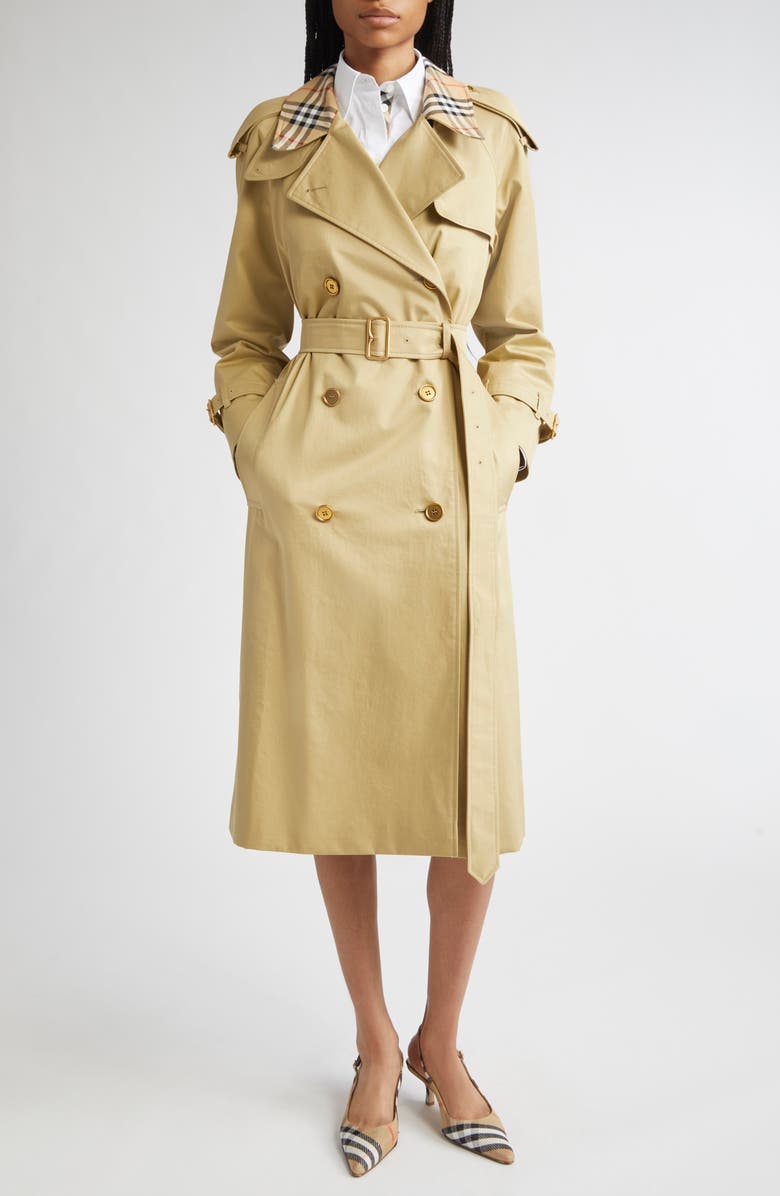 Burberry Castleford Check Collar Water Resistant Gabardine Trench Coat, Main, color, Hamper
