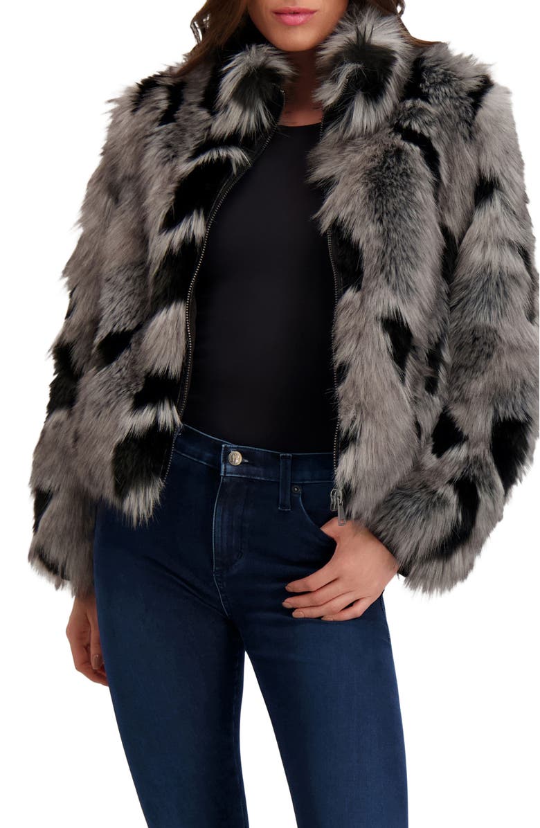 Lyla Grant Fur-Free Fox (Faux Fur) Jacket, Stand Collar, Alternate, color, Black/Gray