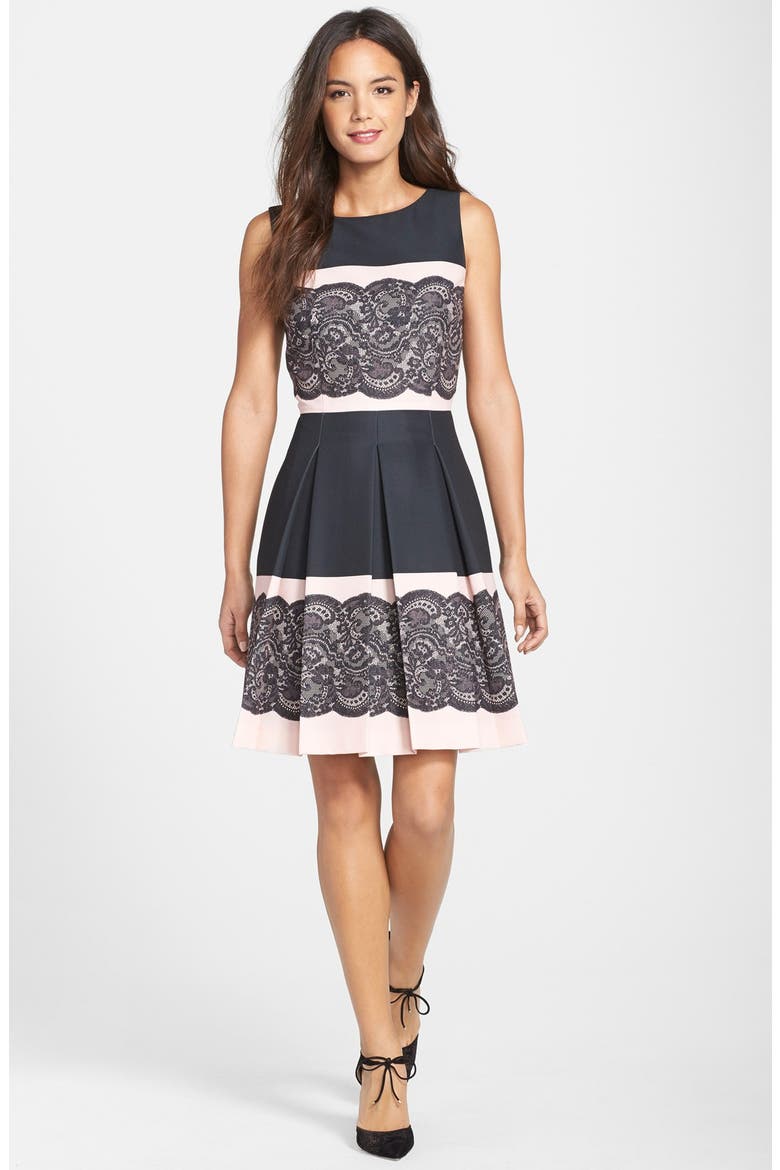 Lace Print Pleated Fit & Flare Dress, Alternate, color, BLACK/ BLUSHDNU