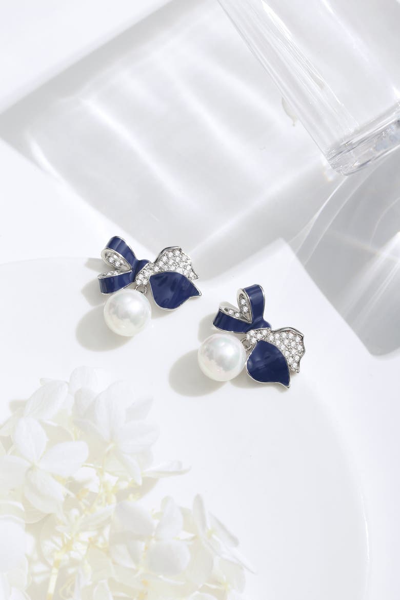 Blue Enamel Butterfly Imitation Pearl Dangle Earrings, Alternate, color, Silver
