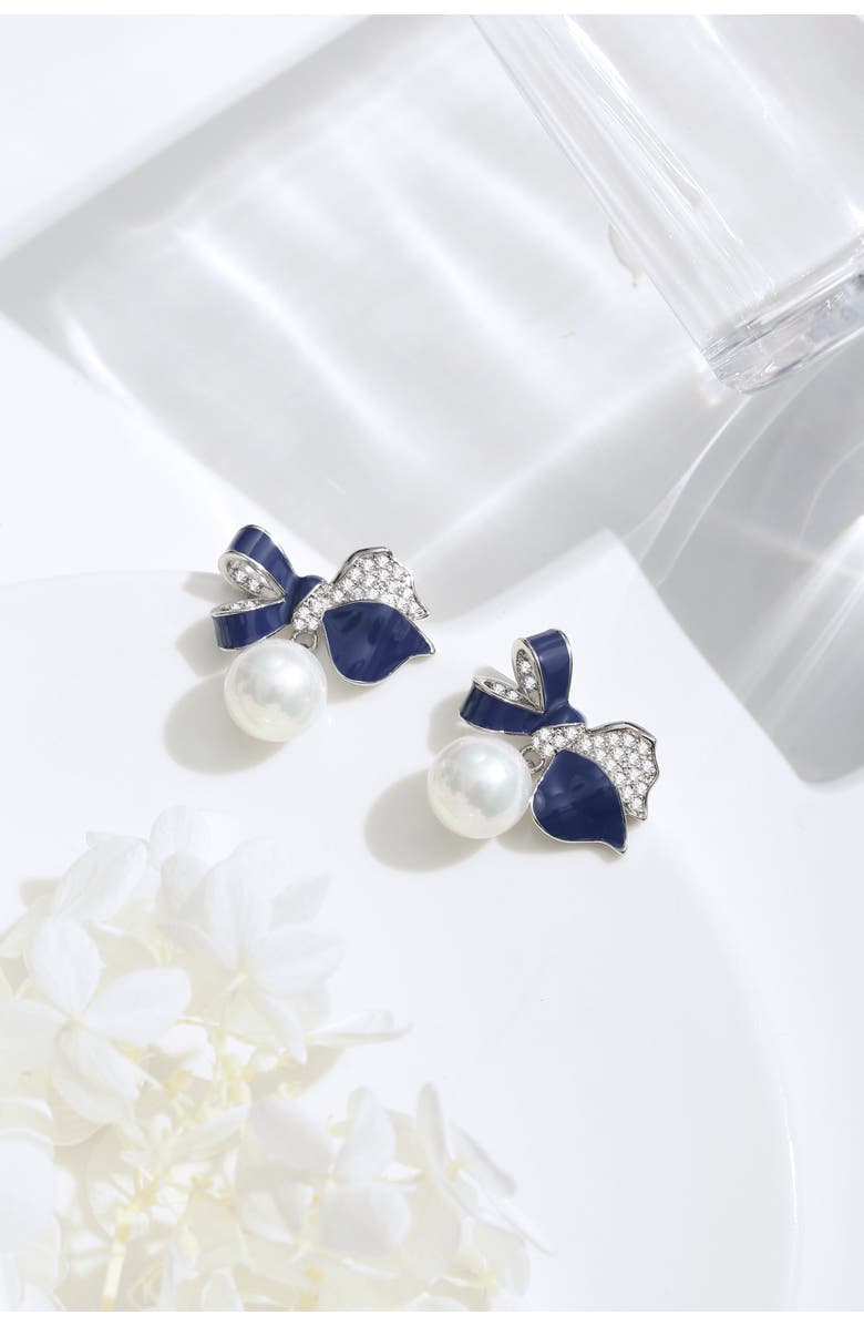 Classicharms Blue Enamel Butterfly Imitation Pearl Dangle Earrings, Alternate, color, Silver