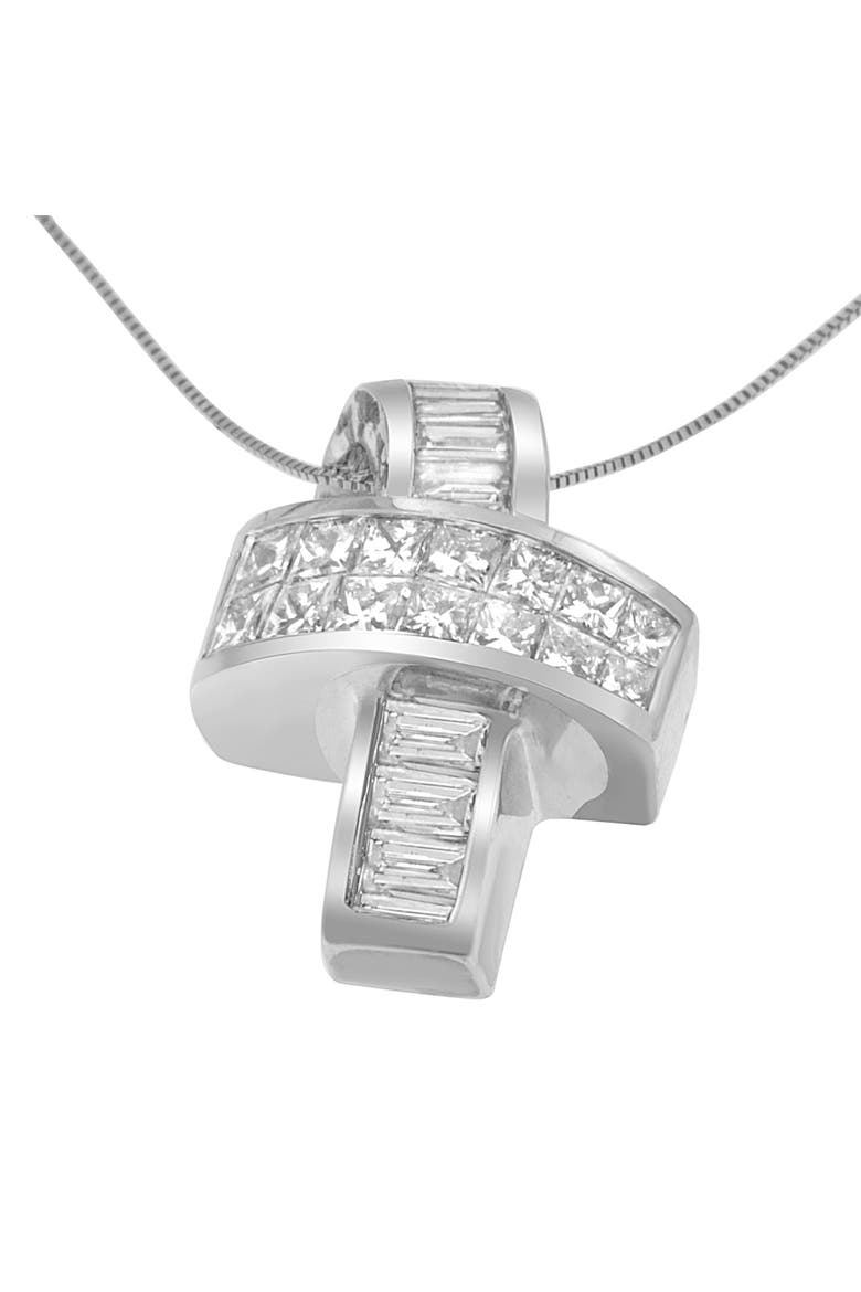 14K White Gold 2 cttw Princess and Baguette Cut Diamond Ribbon Pendant Necklace, Alternate, color, White