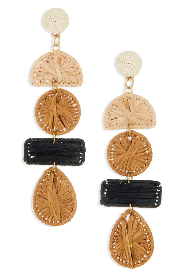 Raffia Linear Drop Earrings, Main, color, BROWN