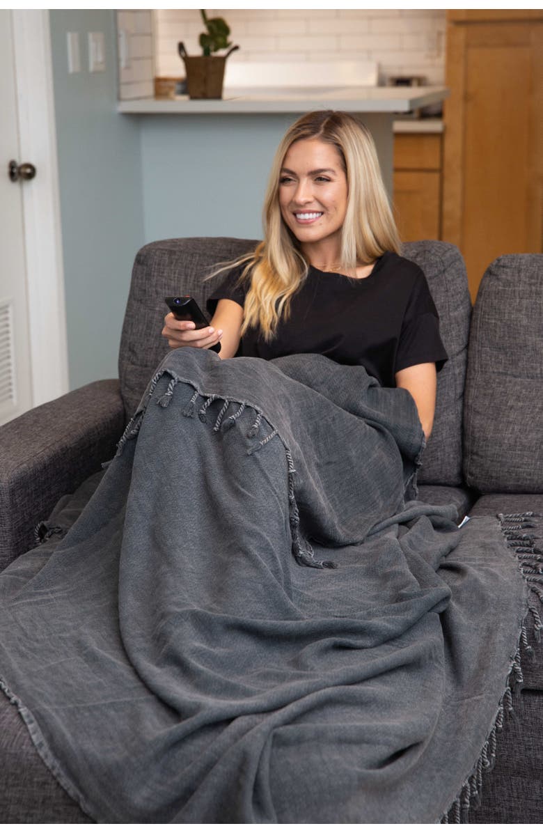 InfuseZen Stonewashed Organic Small Turkish Throw Blanket, Alternate, color, Faded Black