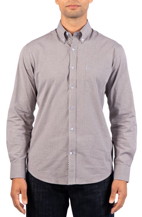 Micro Gingham Stretch Cotton Button-Up Shirt