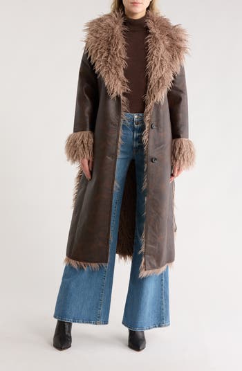 Faux Shearling Trim Faux Leather Coat