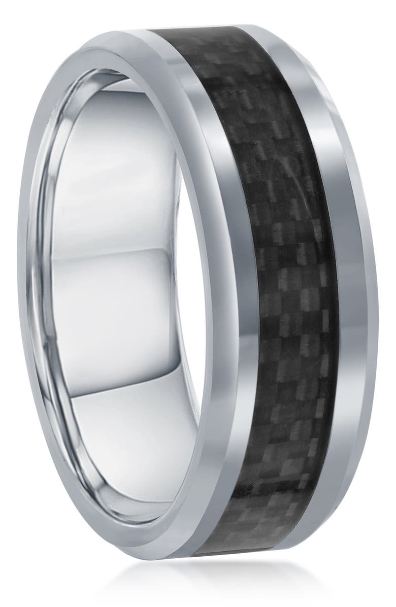 BLACKJACK Polished Tungsten & Carbon Fiber Band Ring, Alternate, color, Silver