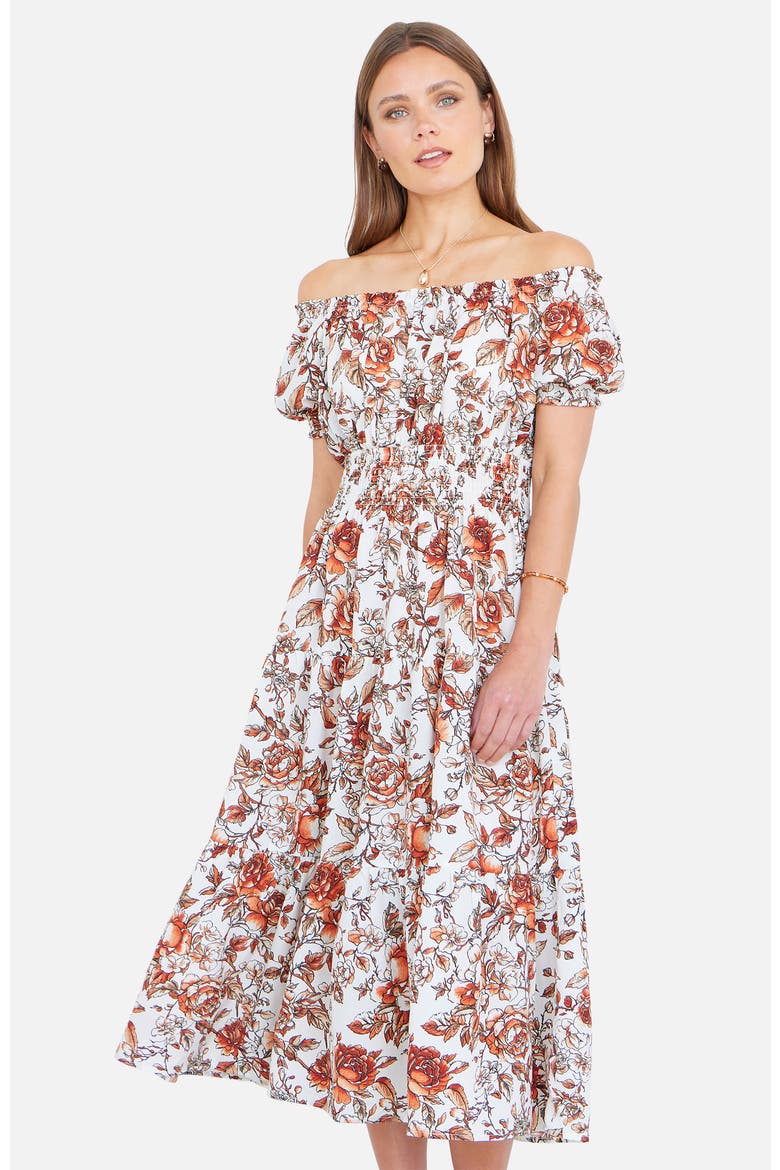 Floral Ruched Waist Midi Dress, Alternate, color, Orange