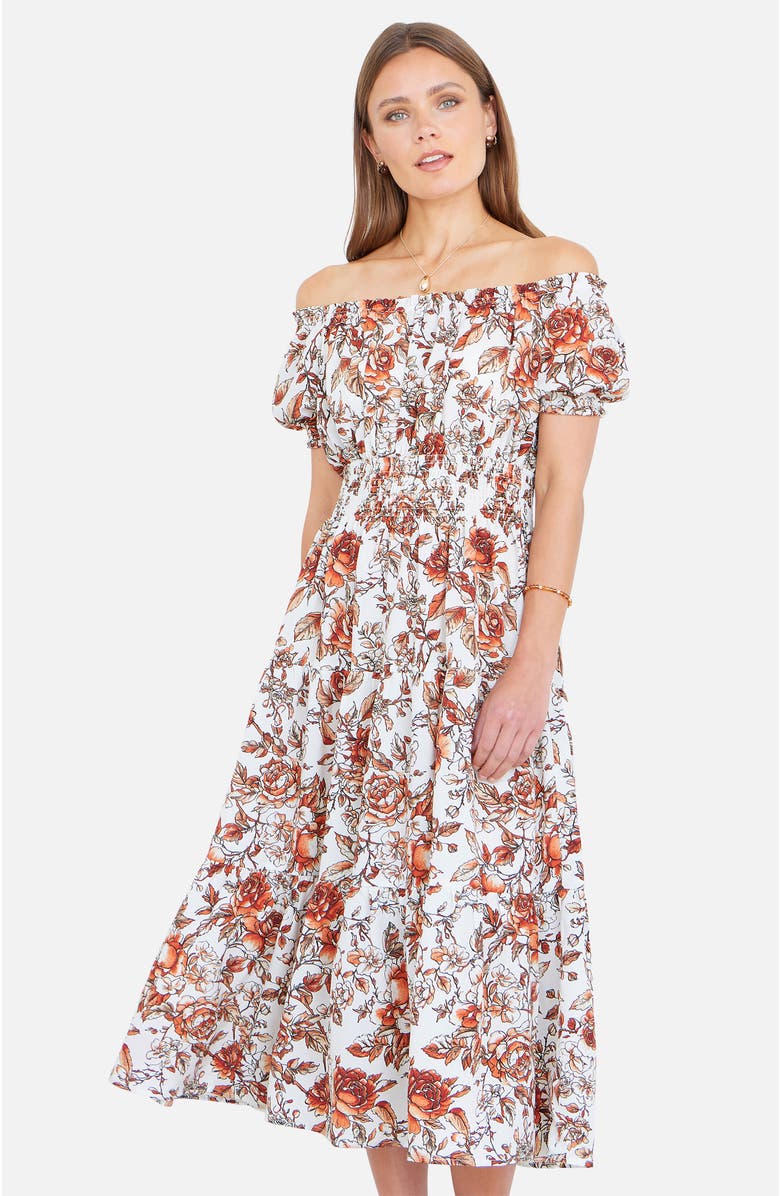 Yumi Floral Ruched Waist Midi Dress, Alternate, color, Orange