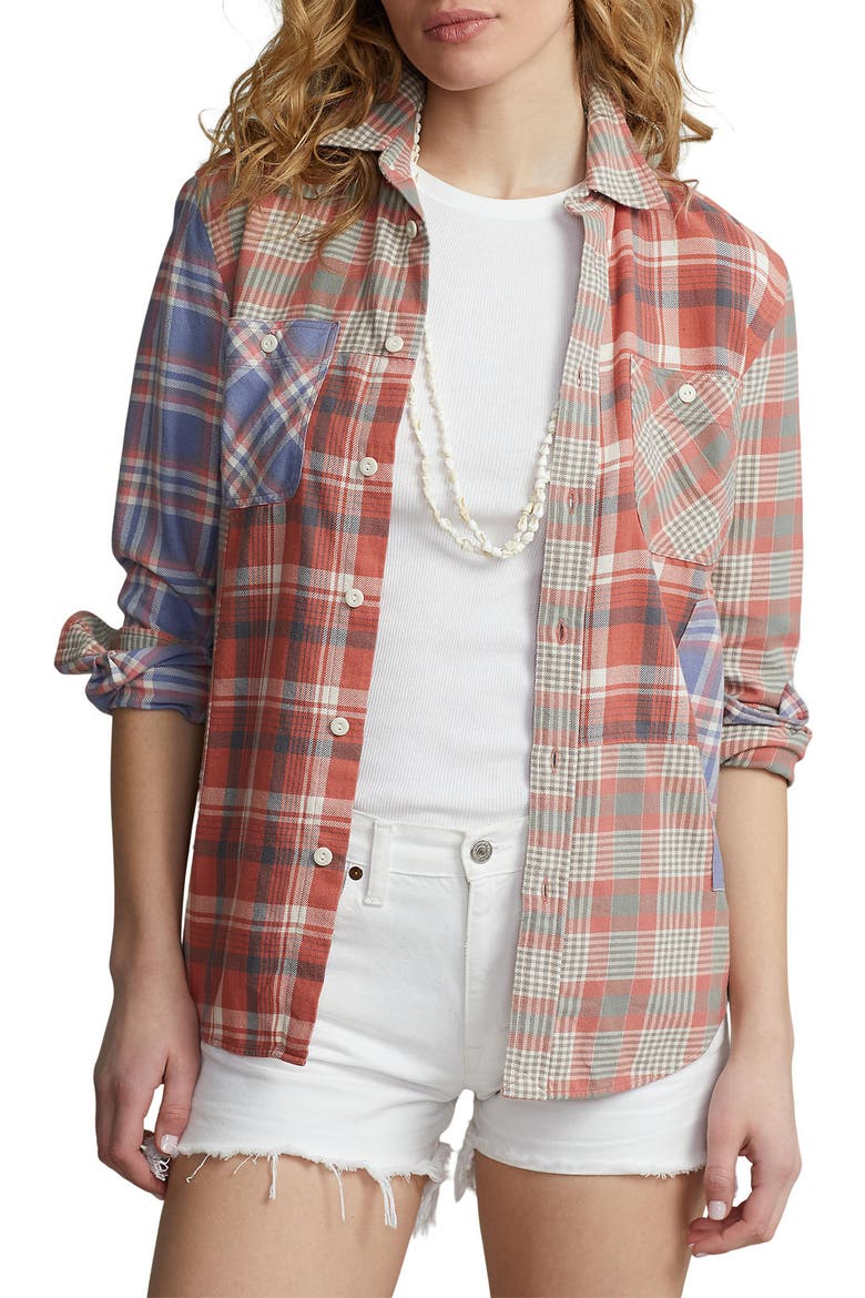 Plaid Button-Up Shirt, Main, color, RED MULTI PLAID PATCHWORK