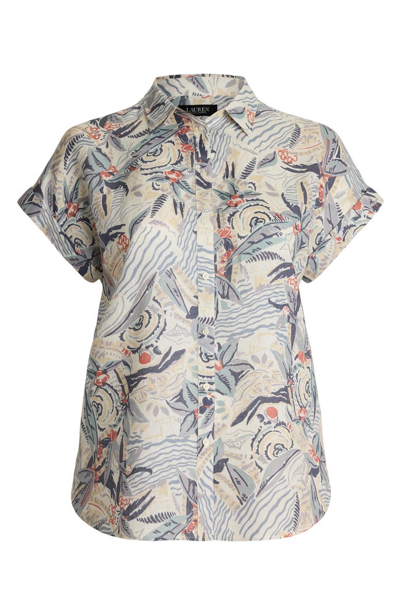 Lauren Ralph Lauren Beach Print Relaxed Fit Short Sleeve Linen Button-Up Shirt, Alternate, color, Cream Multi