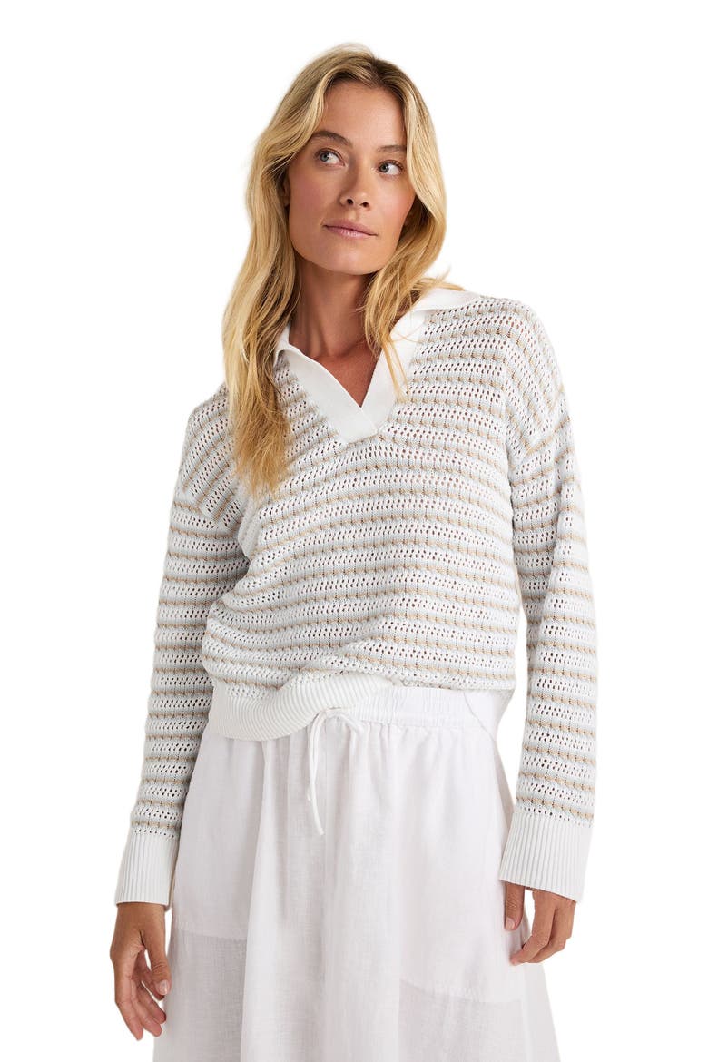 Organic Cotton Stripe Mixed Stitch Johnny Collar Sweater, Main, color, White/Ice Blue/Willow Brk