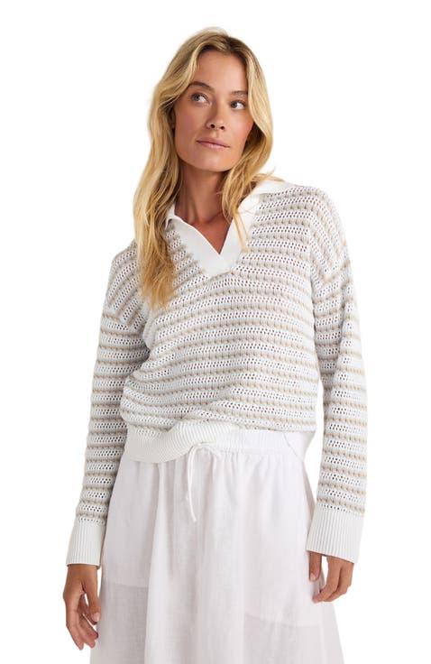 Organic Cotton Stripe Mixed Stitch Johnny Collar Sweater