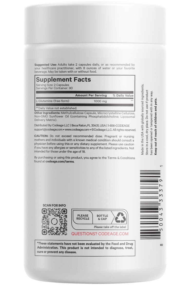 Liposomal L-Glutamine 1000mg Capsules Supplement, Alternate, color, White