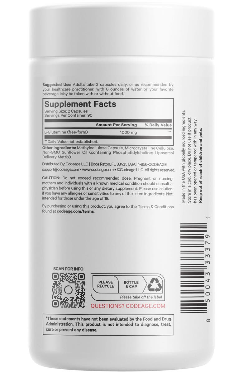 Codeage Liposomal L-Glutamine 1000mg Capsules Supplement, Alternate, color, White