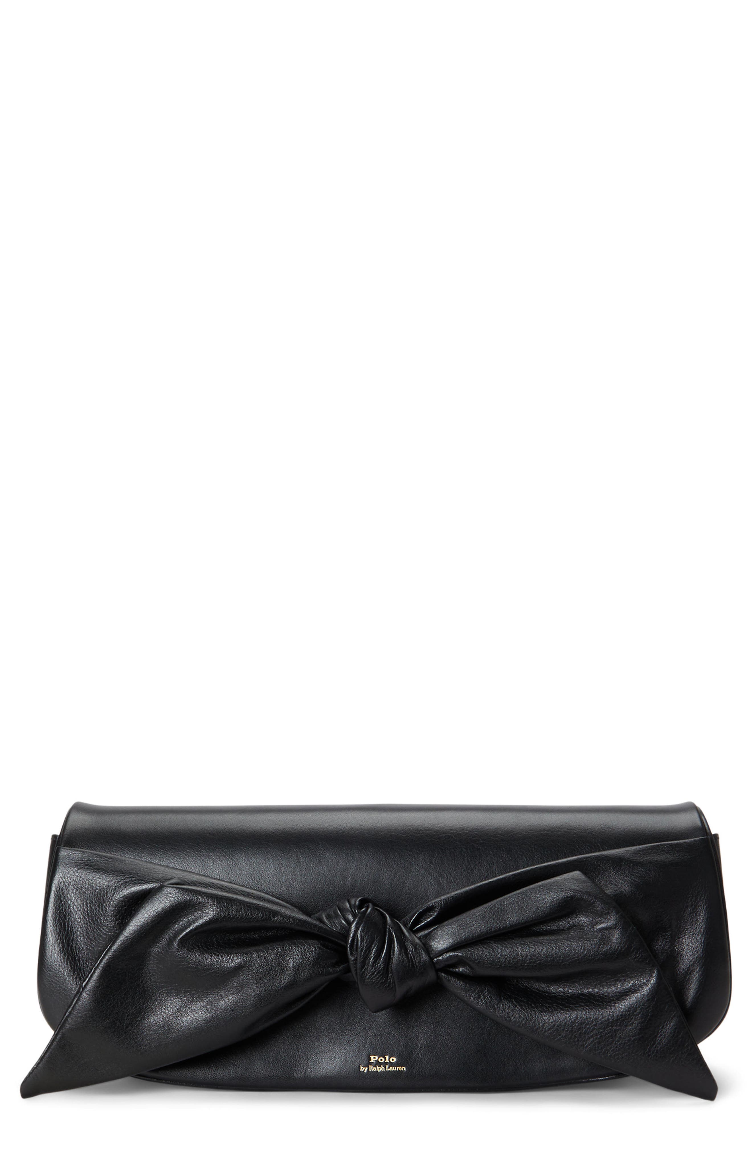 Bow Leather Clutch, Main, color, BLACK