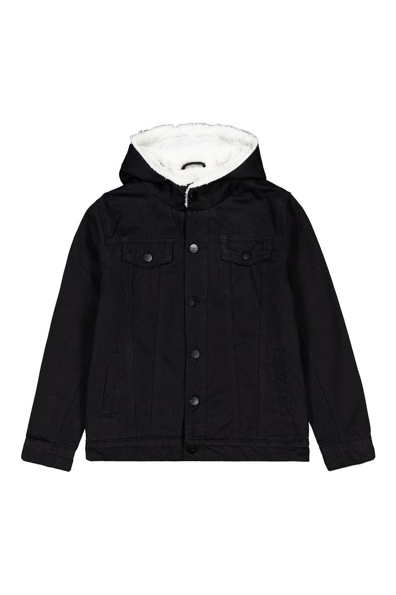 Kids' Faux Shearling Hooded Trucker Jacket, Alternate, color, BLACK