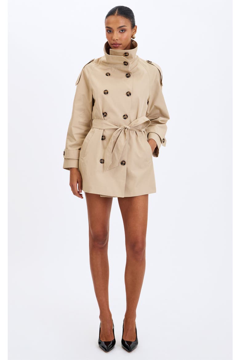 Vanetta High Collar Double-Breasted Trench Mini Coat, Main, color, Tan