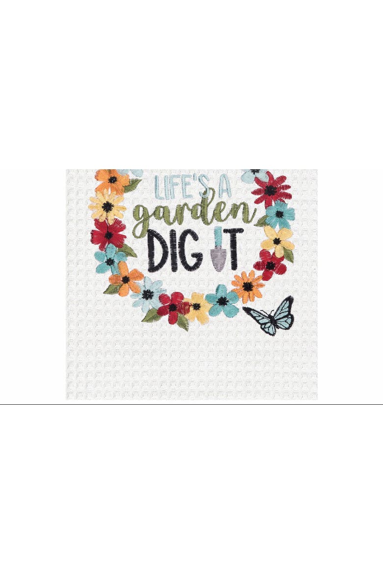 Life's A Garden Embroidered Cotton Waffle Weave Kitchen Towel, Alternate, color, White