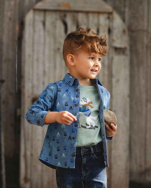 Deux Par Deux Long Sleeve Button Front Chambray Shirt In Blue