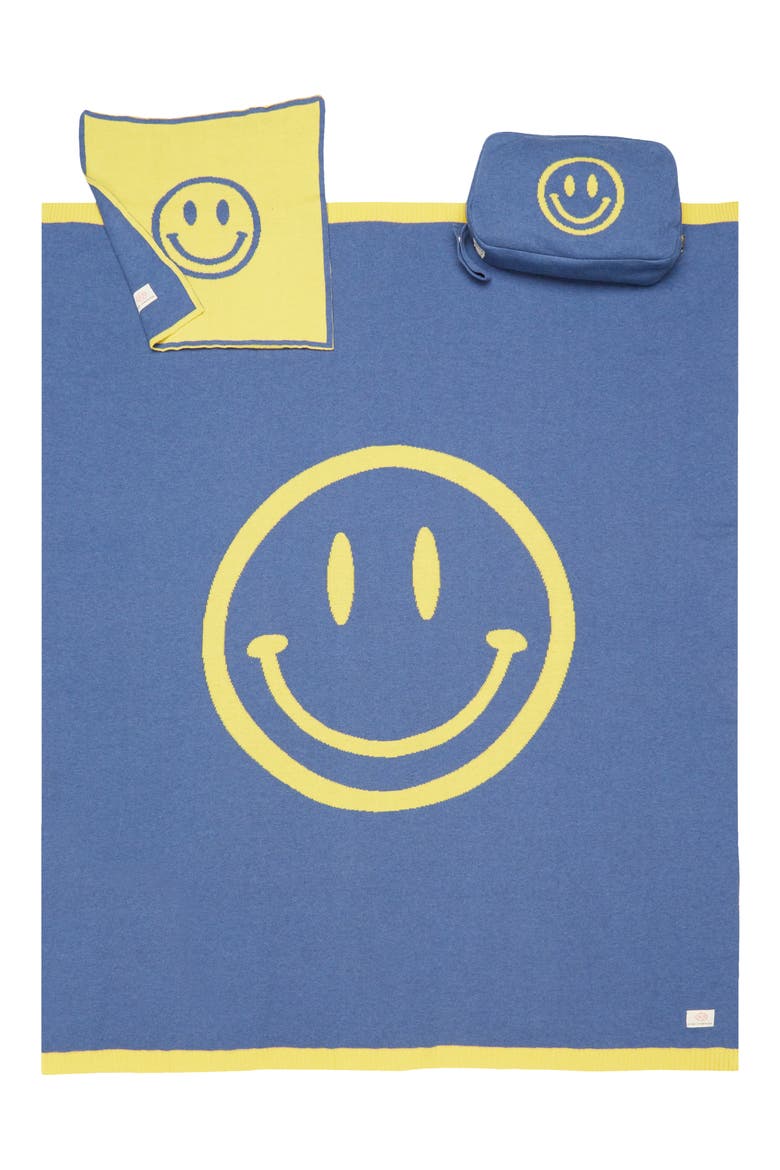 Smiley Face Organic Cotton Baby Blanket & Travel Pouch Set, Main, color, MARINE/ YELLOW