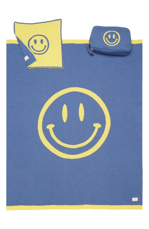 Smiley Face Organic Cotton Baby Blanket & Travel Pouch Set