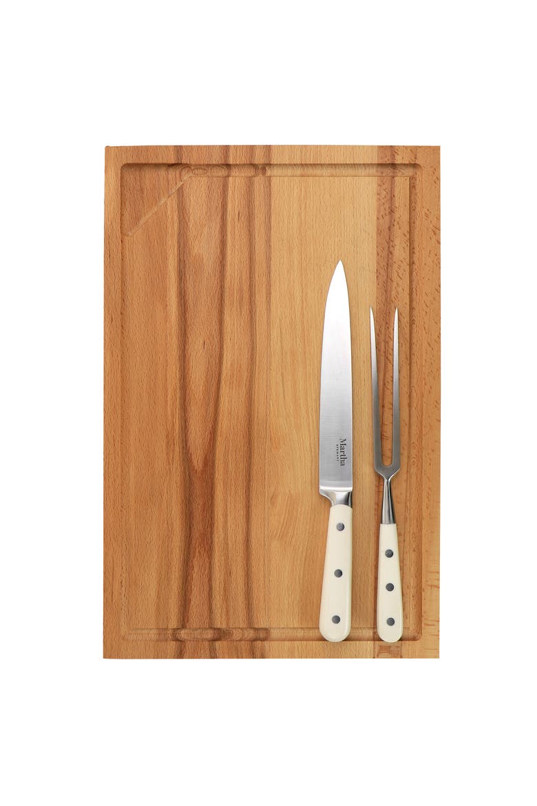 Goswell 3 Piece Carving Board and Cutlery Set in Cream, Main, color, Brown