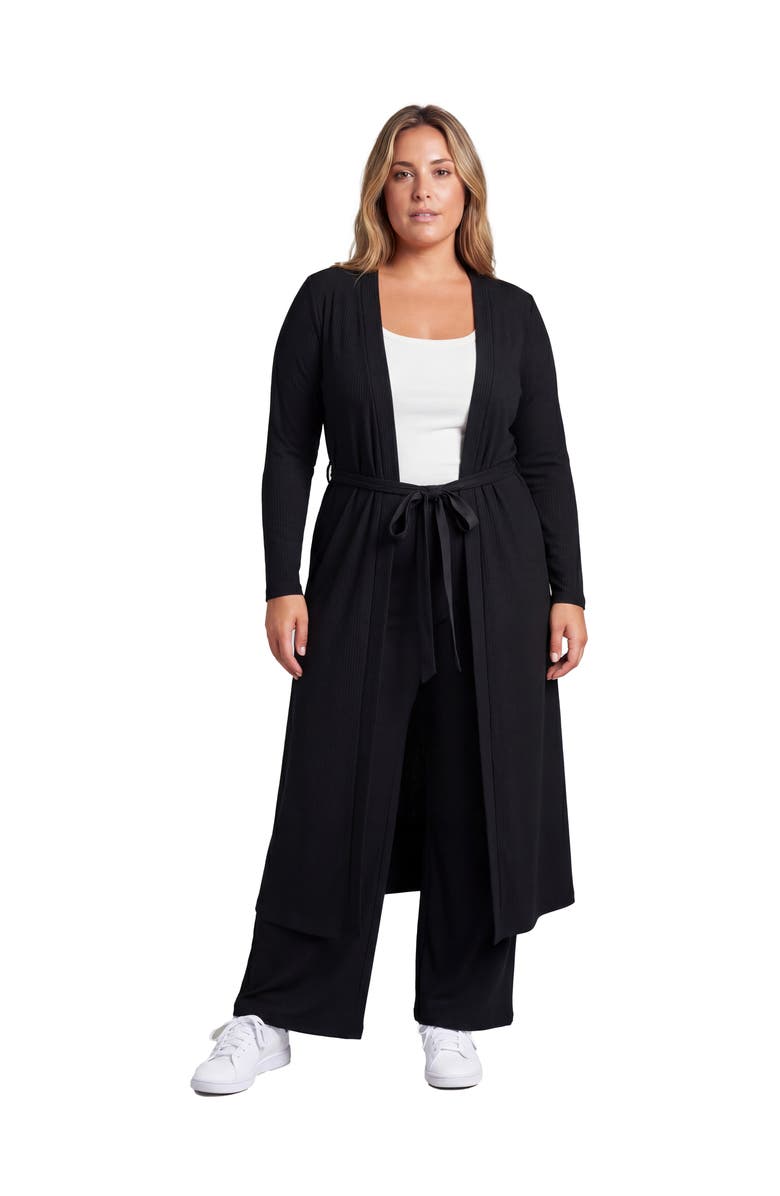 24seven Comfort Apparel Curvy Basic Long Sleeve Tie Waist Soft Jacket and Elastic Waist Wide Leg Pant Set, Main, color, Black