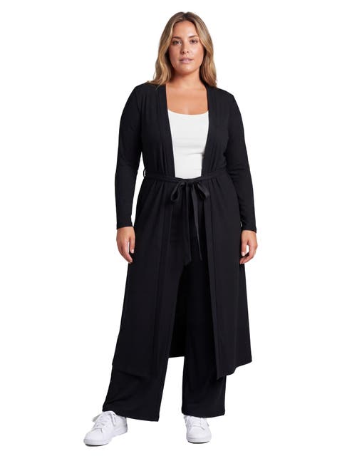 Curvy Basic Long Sleeve Tie Waist Soft Jacket and Elastic Waist Wide Leg Pant Set
