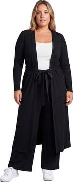 24seven Comfort Apparel Curvy Basic Long Sleeve Tie Waist Soft Jacket and Elastic Waist Wide Leg Pant Set