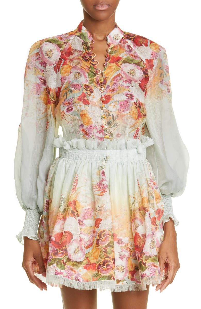 Zimmermann Wonderland Floral Long Sleeve Silk & Linen Blouse, Main, color, 