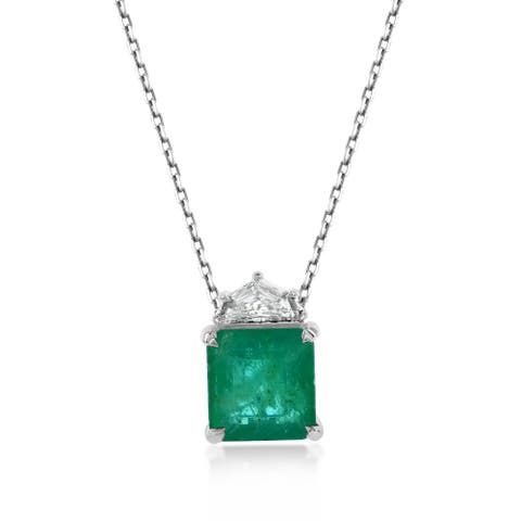 14K Gold 2.82cttw Princess-Cut Emerald & 0.23ct Trapezoid-Cut White Diamond Pendant Necklace