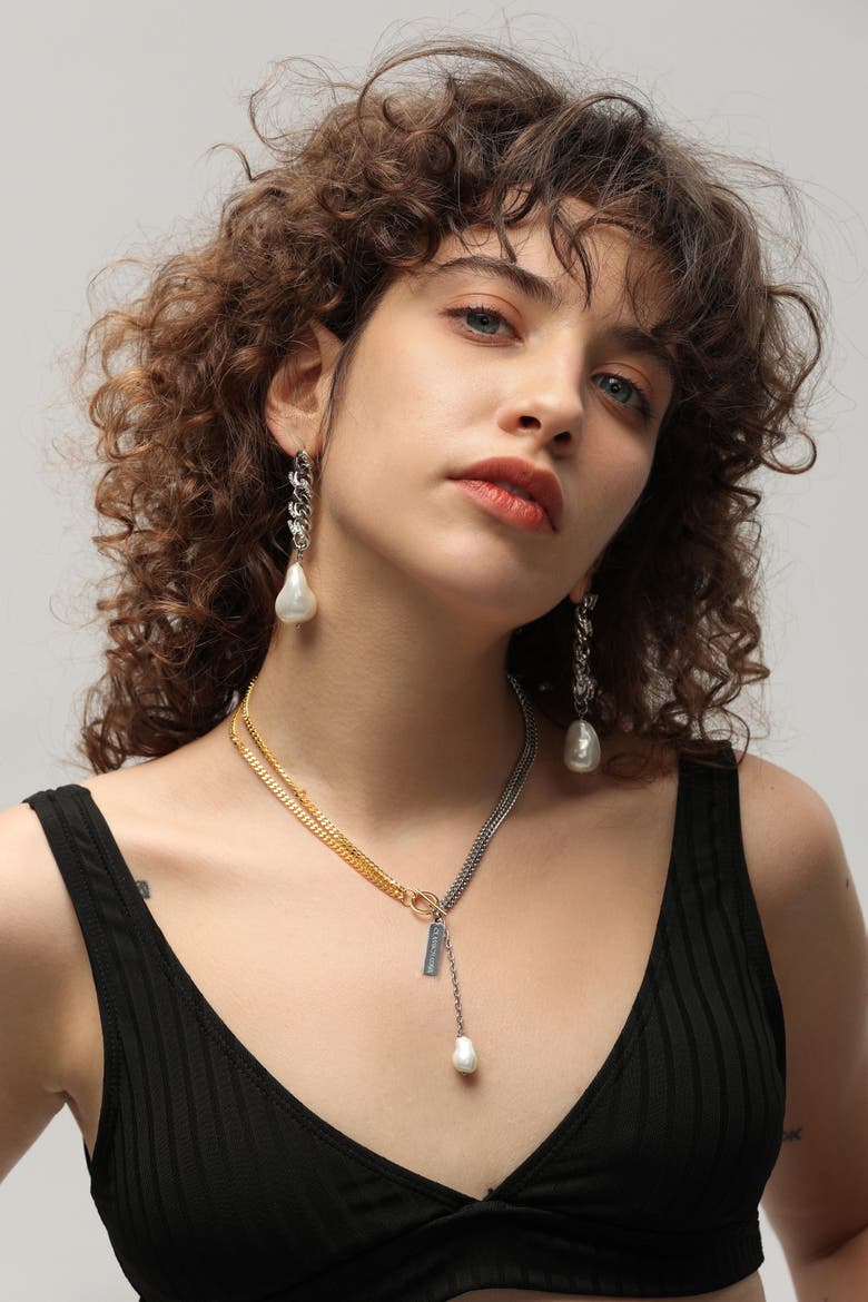Two-Tone Chain Baroque Pearl Necklace, Alternate, color, Gold