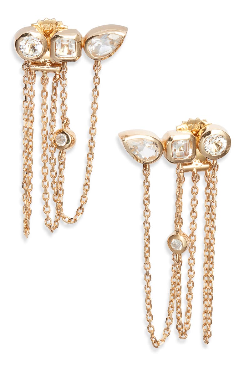 Cléo Diamond & White Topaz Triple Chain Drop Front/Back Earrings, Main, color, YELLOW GOLD