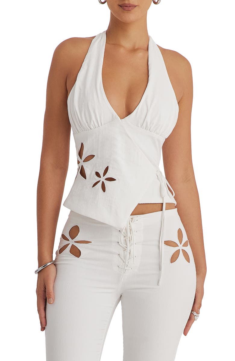 Mistress Rocks Wrap Floral Cutout Halter Top, Main, color, Cloud