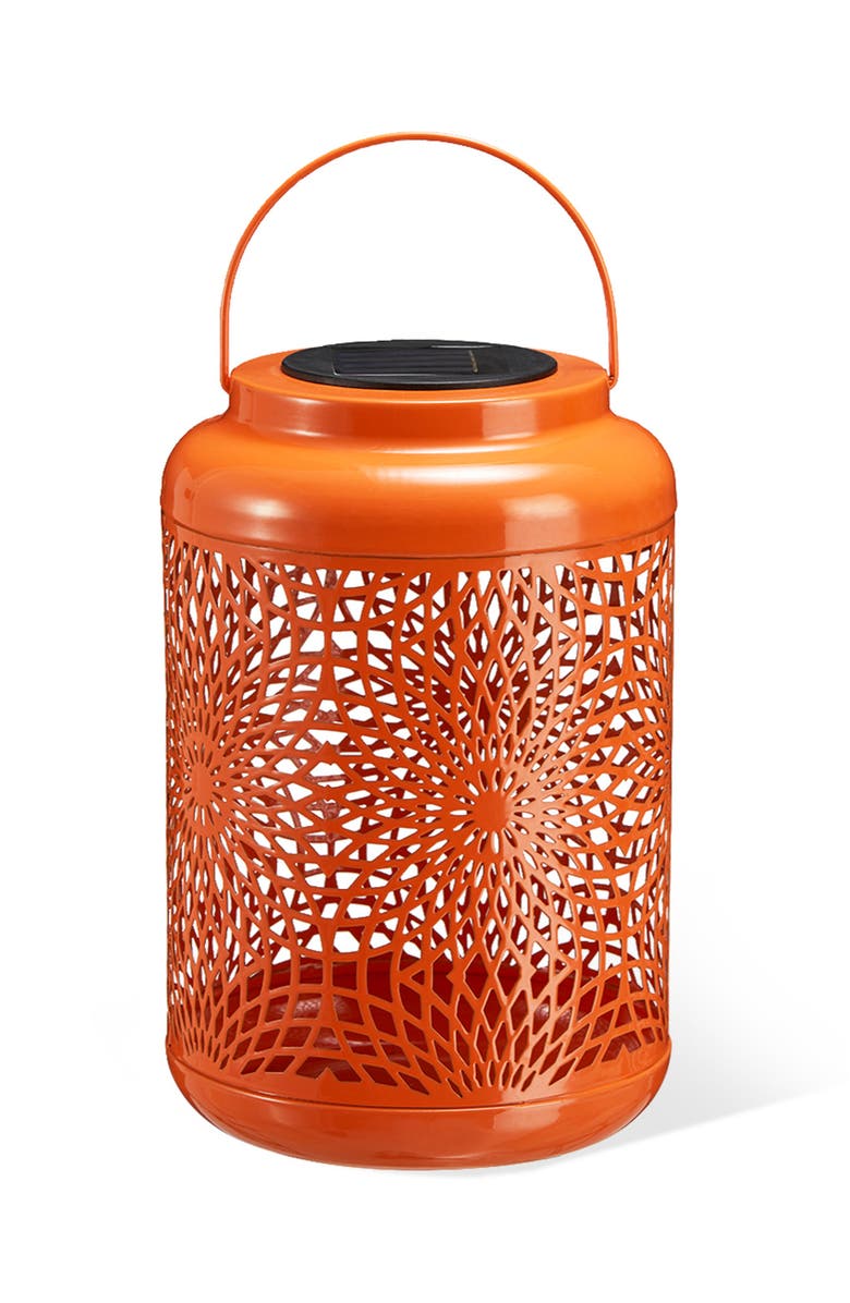 Glitzhome Metal Cutout Scrollwork Solar Powered Outdoor Hanging Lantern with LED Light, Alternate, color, Orange