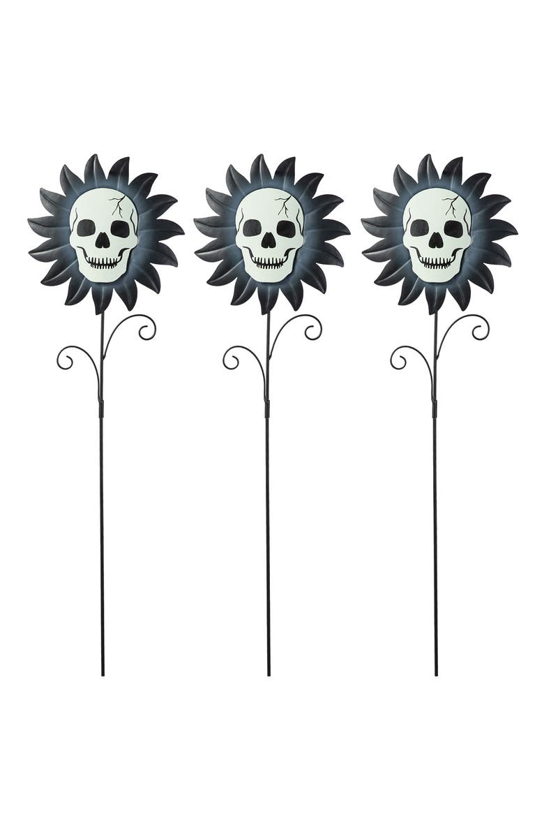 Set of 3 Halloween Metal Sunflower Skulls Glow-in-Dark Yard Stakes, Alternate, color, Black