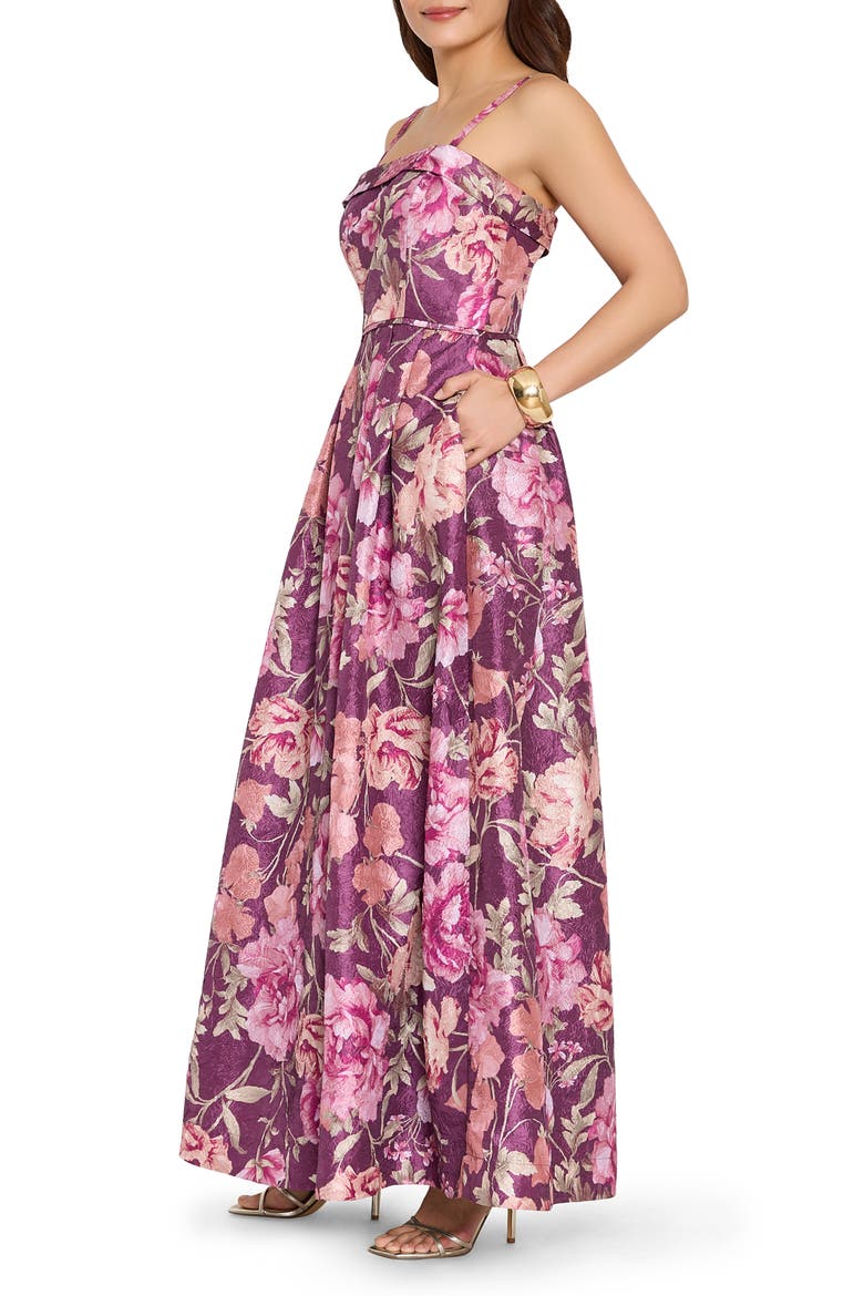 Floral Jacquard Sleeveless Satin Gown, Alternate, color, PLUM MULTI