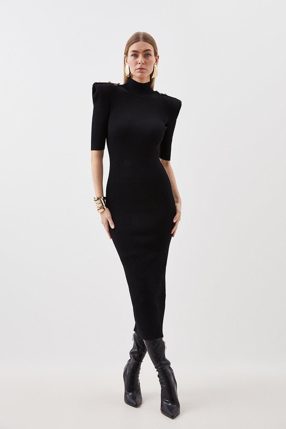 Karen Millen Rib Knit Power Shoulder Maxi Dress In Black
